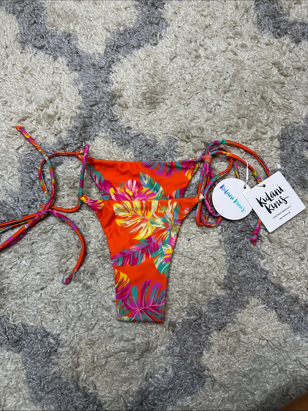 Kulani Kinis Orange Tropical Tie-Side Thong Bikini Bottom